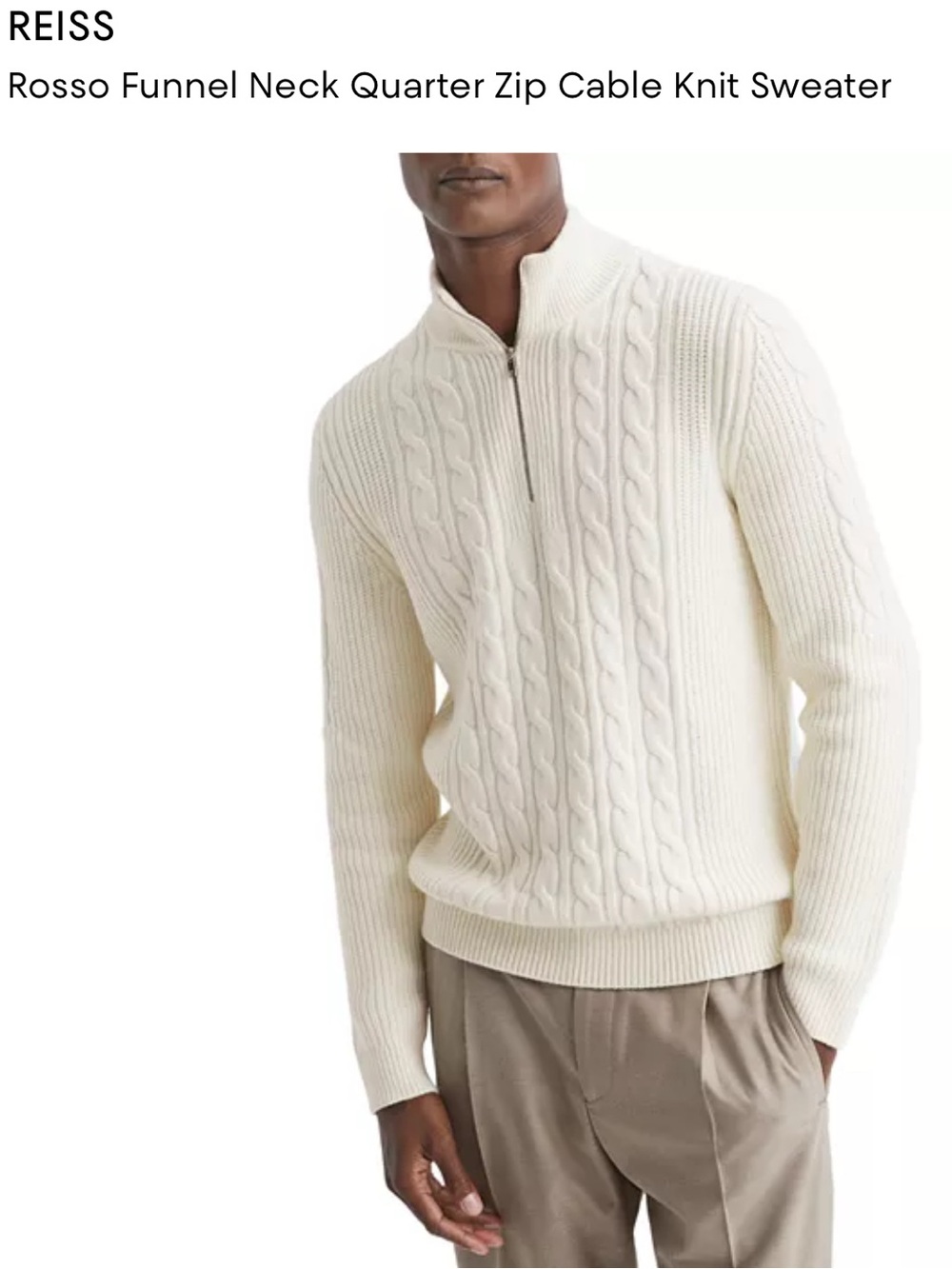 Reiss Cream Cable-Knit Funnel Neck Quarter-Zip Sweater